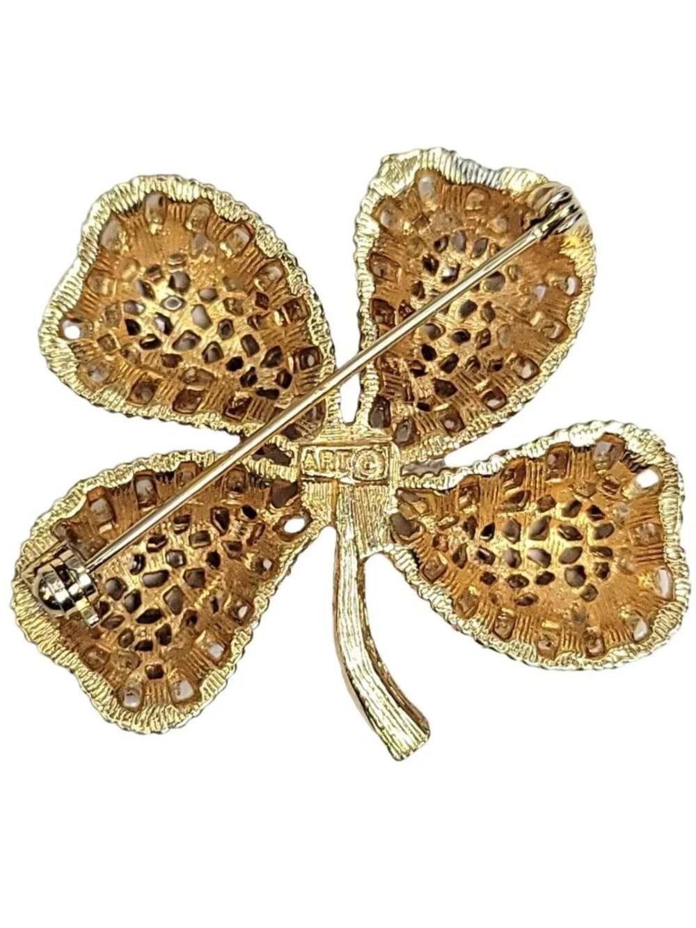 Signed ART Arthur Pepper Gold-Tone RES Pink Rhinestone Clover Leaf Brooch